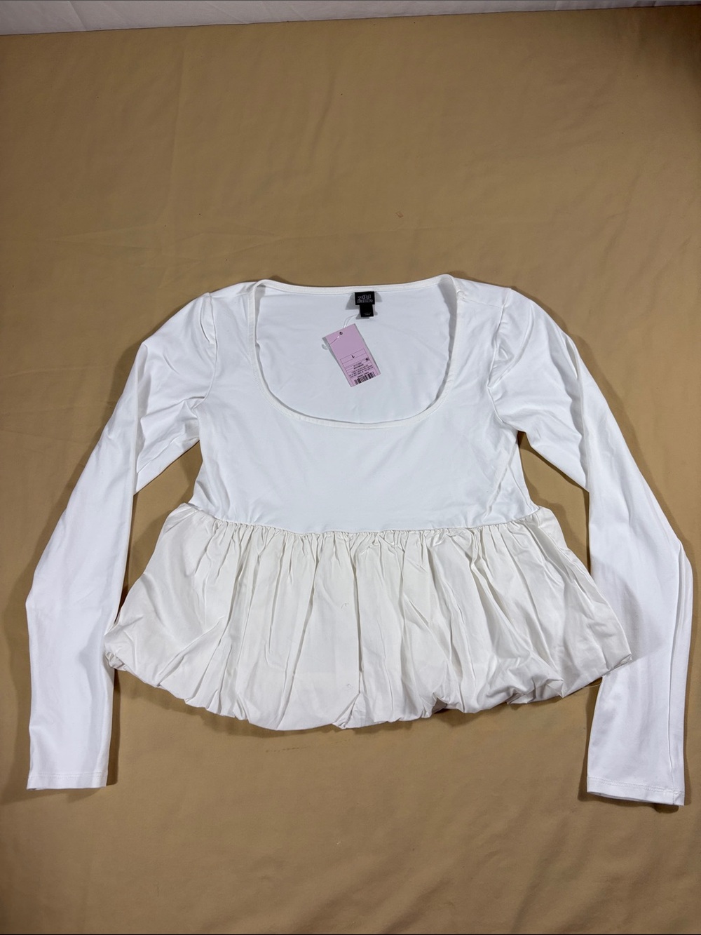 Wild Fable White Long Sleeve Scoop Neck Bubble Hem Peplum Top Large NEW